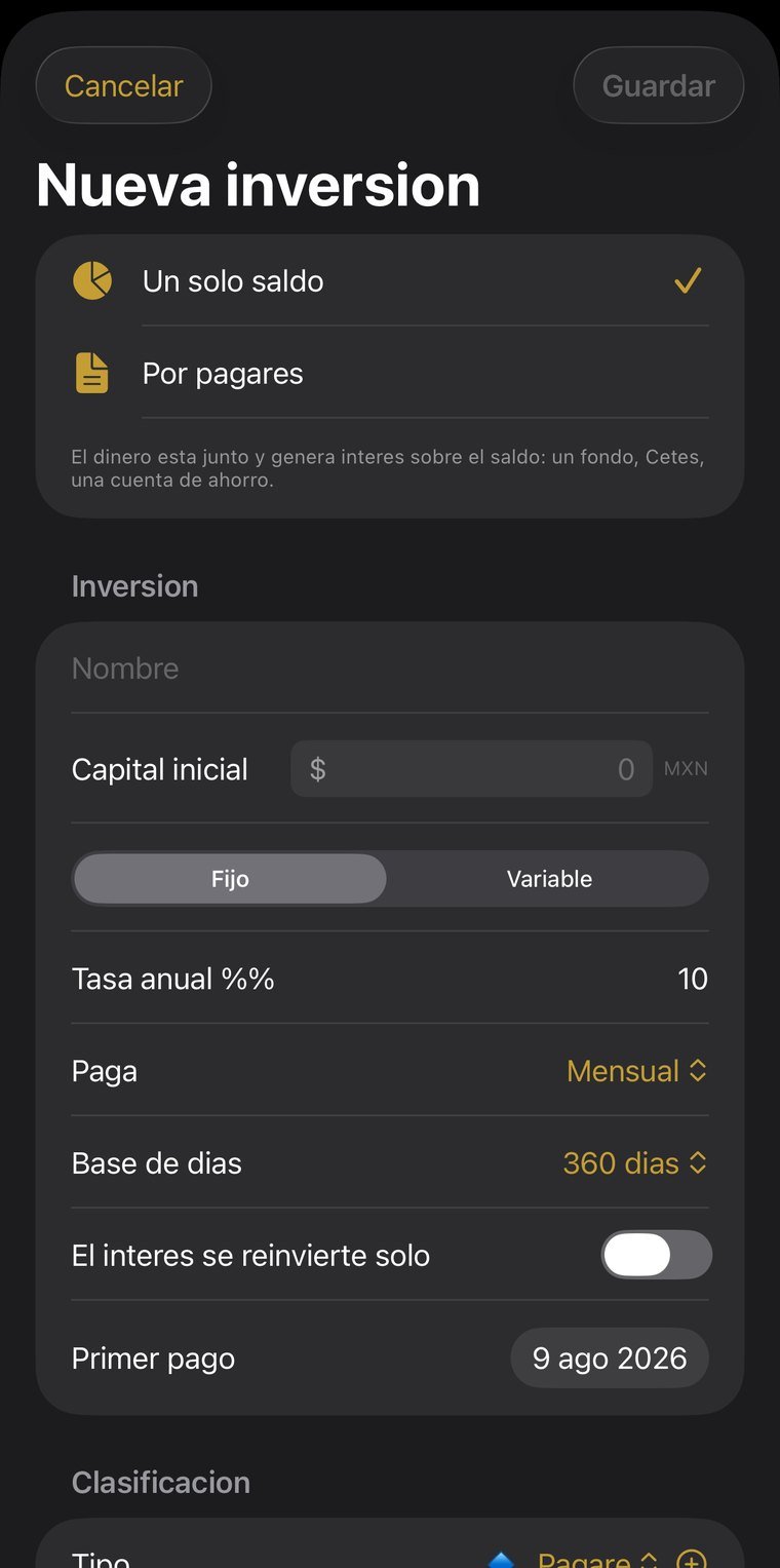 Alta de inversión: saldo abierto o pagarés, tasa fija o variable, base 360
